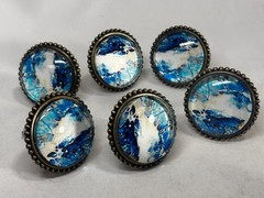 Set of 6 Swirling Blue Marbled Glass Cabinet Knobs Brass Drawer Pulls – 2″ Dia.