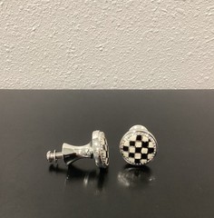 Mackenzie Childs Set of 2 Check Silver Plated Knobs 1.25″ Black Off-White Enamel