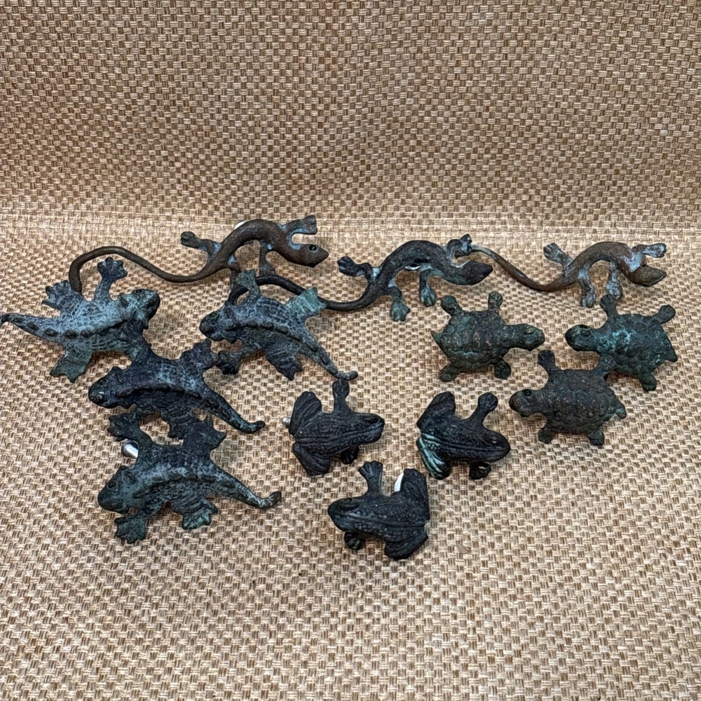 Lot of 13 Mexican Verdigris Metal Southwestern Drawer Pulls Frog Turtle Lizard