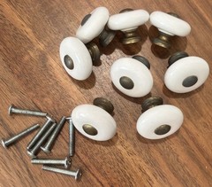 Set of 8 Vtg Porcelain Ceramic Drawer Cabinet Door Knobs White w/Bronze Accent