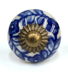 Blue White Floral Ceramic ANTIQUE-Brass Knob Cabinet Pull Handle Cupboard Drawer