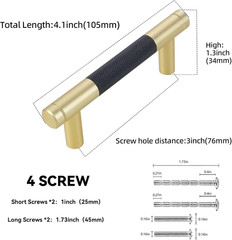 10 Pack 3Inch Mattle Black and Brushed Gold Kitchen Cabinet Handles Knurled Cabi