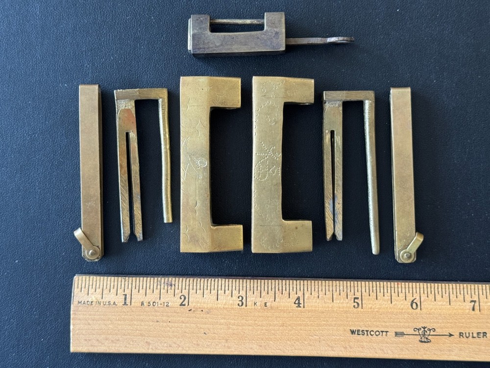 3 Vintage Brass Cabinet Furniture Door Chinese Puzzle Padlock Locks w/Push Keys