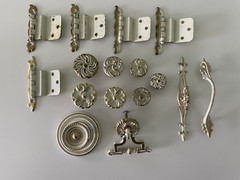 Vintage White & Gold Antique Finish Cabinet Hinges, Pulls, Knobs, Backplates
