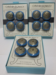 12 Cynthia Rowley Blue Aged Brass Filigree Drawer Pull Round Knob Ceramic NEW