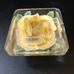 Vintage Lucite YELLOW ROSE Drawer Knob Beveled Edges RARE Excellent