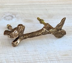 1 Antique Gold Bird On Branch Metal Drawer Pull Cottage Nature Metallic Handle