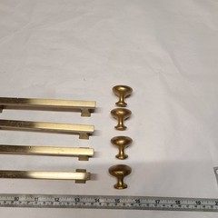 Lot of (8) Gold Square Brushed Satin Brass Cabinet Handles Pulls with (4) Knobs