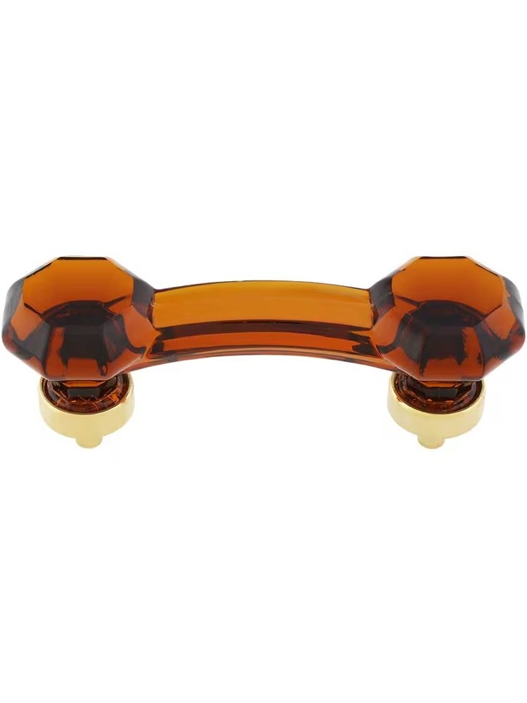 Amber Octagonal Glass Bridge Handle Pulls, Brass Base w/ Brass Finish, 3” c-c