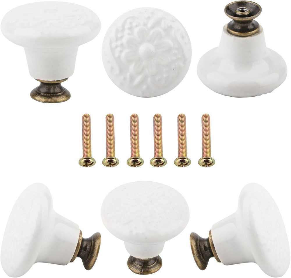 6 Pcs White Ceramic Flower Cabinet Knobs Vintage Dresser Drawer Pull |
