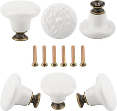 6 Pcs White Ceramic Flower Cabinet Knobs Vintage Dresser Drawer Pull |