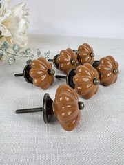 Set of 6 Pumpkin Melon Ceramic Drawer Knobs Pull Rust Antique Brass Hardware NEW