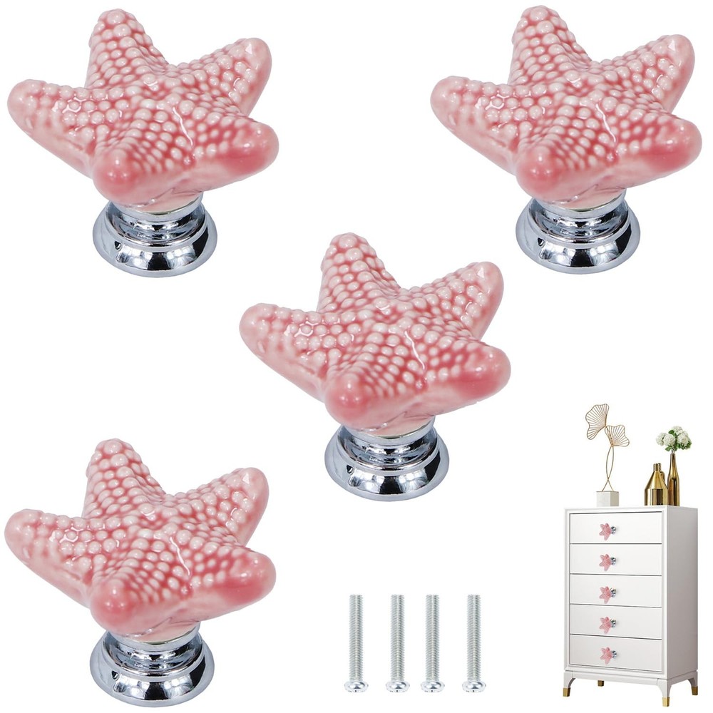 4 Pcs Starfish Drawer Knobs Coastal Ceramic Cabinet Knobs (Pink)