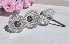 2 Clear Faceted Textured Glass Antique Brass Cabinet Pulls Bathroom Kitchen Knob