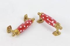 Unique Red and White Dots Ceramic Cabinet Door Pulls Handles with Brass Accents