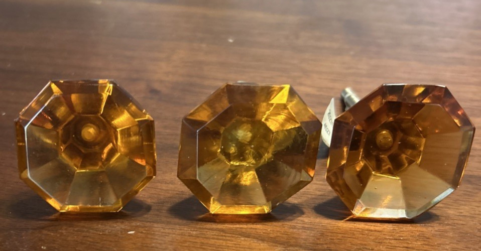 3 Anthropologie glass Amber/Orange Octogon Drawer Cabinet Pulls Knobs New VInt