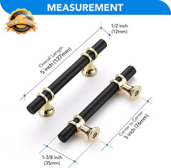 Matte Black and Brushed Brass Cabinet Handles, 3 Inch Hole Center Modern T-Bar D