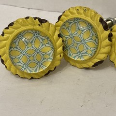 6 Shabby Chic Yellow Drawer Knobs Metal Glass Tile Cabinet Pulls CottageCore