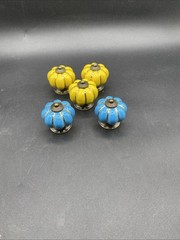 (5) ENAMEL PULL Drawer Cabinet Knob Porcelain Handles Blue & Yellow