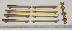 Lot of (8) Gold Square Brushed Satin Brass Cabinet Handles Pulls with (4) Knobs