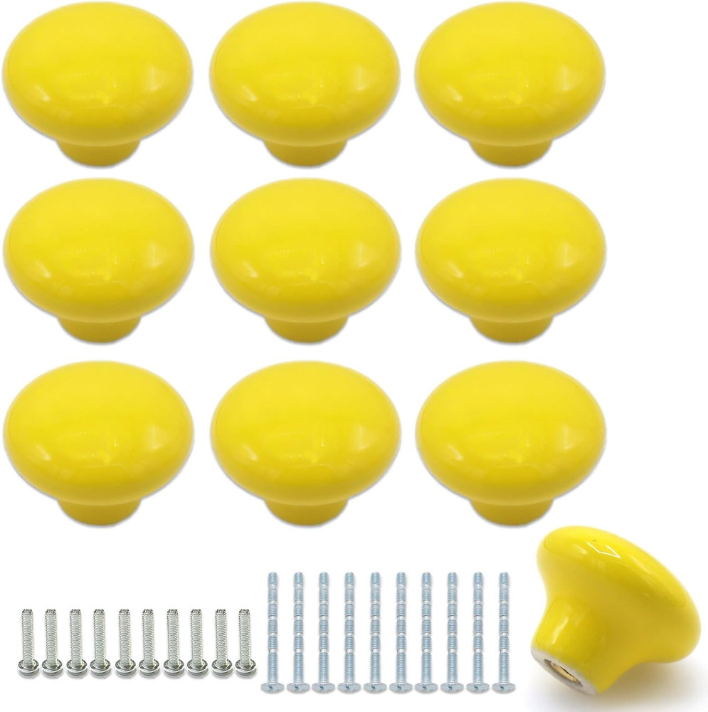 10Pack Ceramic Cabinet Knobs, 1.26Inch/32mm Yellow Round Drawer Dresser Knob Pul