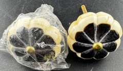 Pair of Black & Cream Ceramic Pumpkin Drawer Knobs – Brass Centers – Elegant Vtg