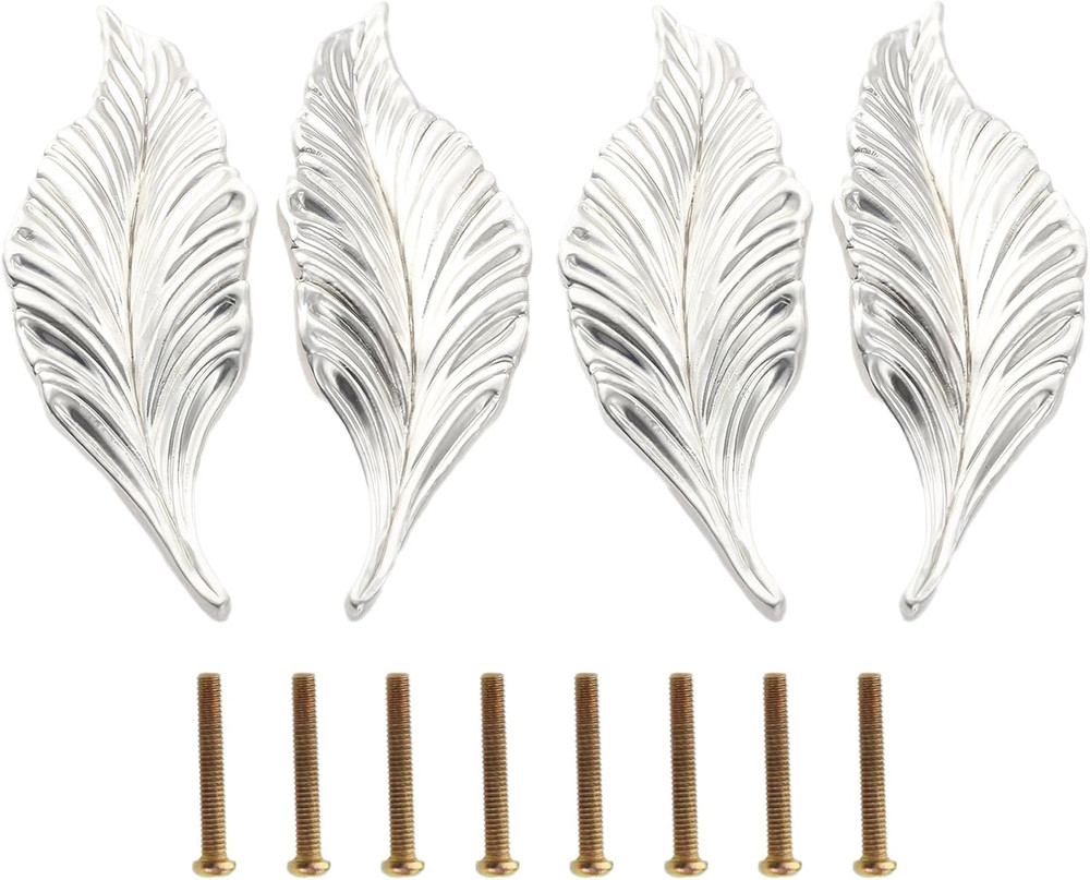 2 Pairs Silver Long Leaf Shape Drawer Knobs, 4.13″ Pull Knob Handle for Kitchen