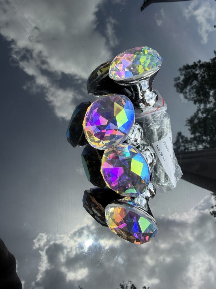 4Pcs Crystal Glass Cabinet Knobs AB Rainbow Diamond Drawer Pull Handles Chrome