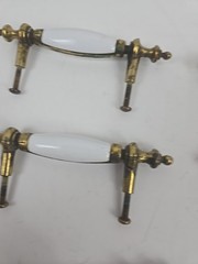 6 Antique White Porcelain & Brass 5” Drawer Pull Handles w Screws & Heavy Patina