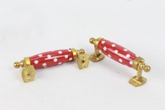 Unique Red and White Dots Ceramic Cabinet Door Pulls Handles with Brass Accents