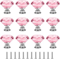 12 Pack 30MM Pink Crystal Drawer Knobs, Diamond Shaped Cabinet Knobs, Dresser