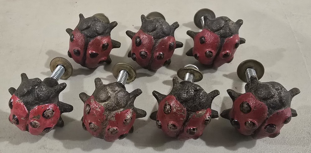 Antique Lady Bug Cast Iron Metal Drawer Pull Handle Cabinet Door Knobs Set of 7