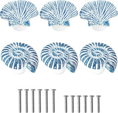 Coastal Cabinet Knobs Set of 6, Seashell Drawer Knobs | Blue and White Hand-Pain
