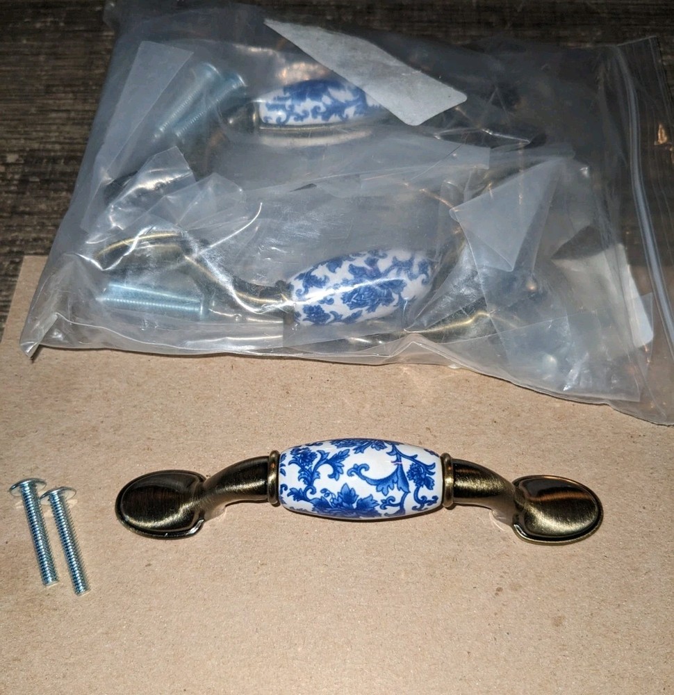 8 Pk White Porcelain Ceramic Cabinet Handles 3″ Centers Blue Floral Drawer Pulls