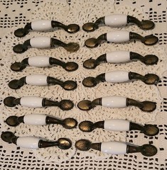 LOT OF 12- Vintage 3” Brass And White Ceramic Drawer Pull Door Handle Patina