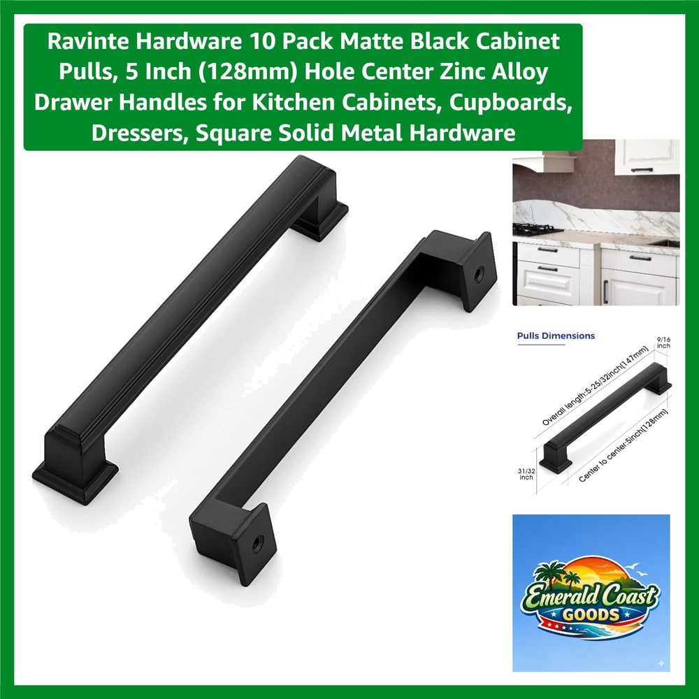 5 Inch Square Matte Black Cabinet Pulls – 10 Count of Zinc Alloy Drawer Handles