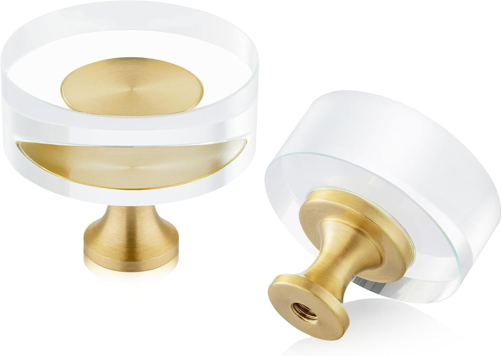 10 Pack Gold Cabinet Knobs, 1-1/4″ round Clear Crystal Glass and Brass Drawer Kn