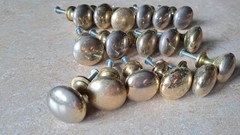 Lot of 17 Worn Polished Brass / Gold Round Cabinet Drawer Knob Pulls w/ Screws