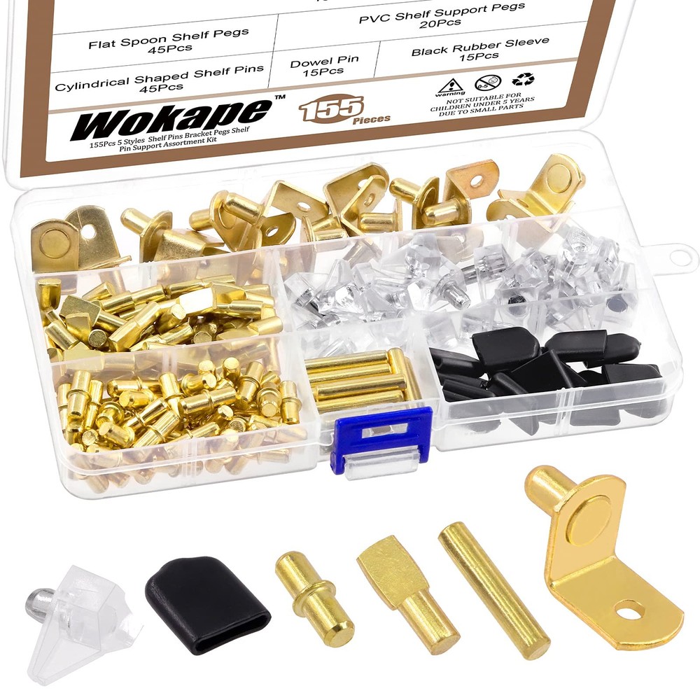 155PCS 5 Styles Gold Metal Shelf Pins Support Bracket Pegs Assortment Kit