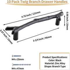 10 Pack Twig Branch Drawer Handles Black Tree Branch Cabinet Pulls, 3-3/4 Inc…