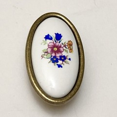 White Ceramic Floral Antique Brass Cabinet Door Drawer Pull Knob 2-1/4″ OVAL