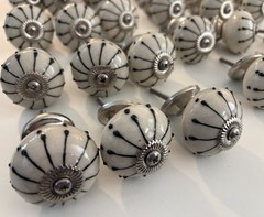 Ceramic Drawer Pulls/Knobs Hand Painted Black & White Silver Tone 2 Sets Of 12
