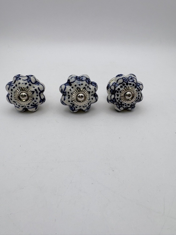 3 Blue White Vintage Ceramic Porcelain Drawer Cabinet Knobs Pulls 1.75″