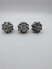 3 Blue White Vintage Ceramic Porcelain Drawer Cabinet Knobs Pulls 1.75″