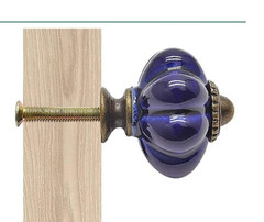 (2) VTG Victorian Style Cobalt Blue Glass w/ Brass Door Knob Handle Drawer Pulls