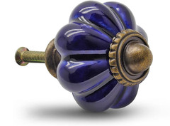 (2) VTG Victorian Style Cobalt Blue Glass w/ Brass Door Knob Handle Drawer Pulls