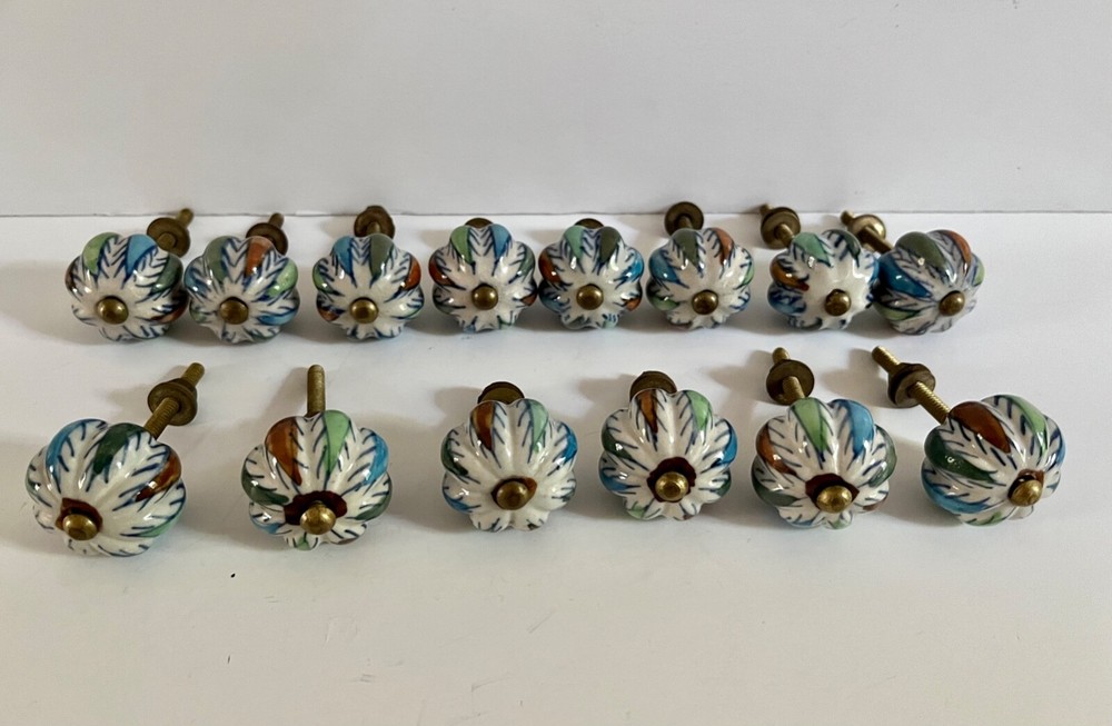 14 Vintage Hand Painted Pumpkin Round Porcelain Cabinet Knob Pull 6 -1/4″ 8 -1″