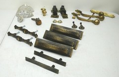 Large Mixed Lot 26 VTG Brass Enamel Embossed Drawer Pull Knobs Backplates