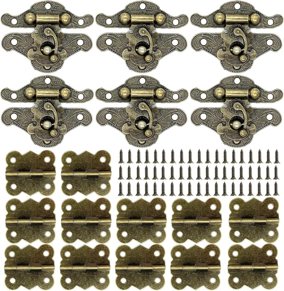 6Set Retro Design Jewelry Box Hinges and Antique Hasp Latch Decorative Cabinet D