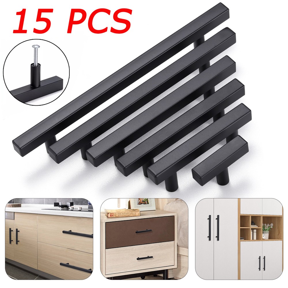15x Black Square Modern Kitchen Cabinet Handles Bar Pulls Drawer Stainless Steel